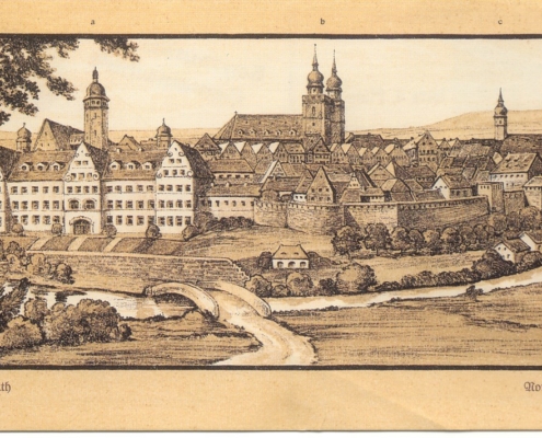 Die Stadtansicht zeigt Bayreuth um 1680. Der Hof-Musikus Georg Carl war 1675 am Hofe des Markgrafen Christian Ernst im Stadtschloss (links) in Anstellung. Foto: Archiv Bernd Mayer
