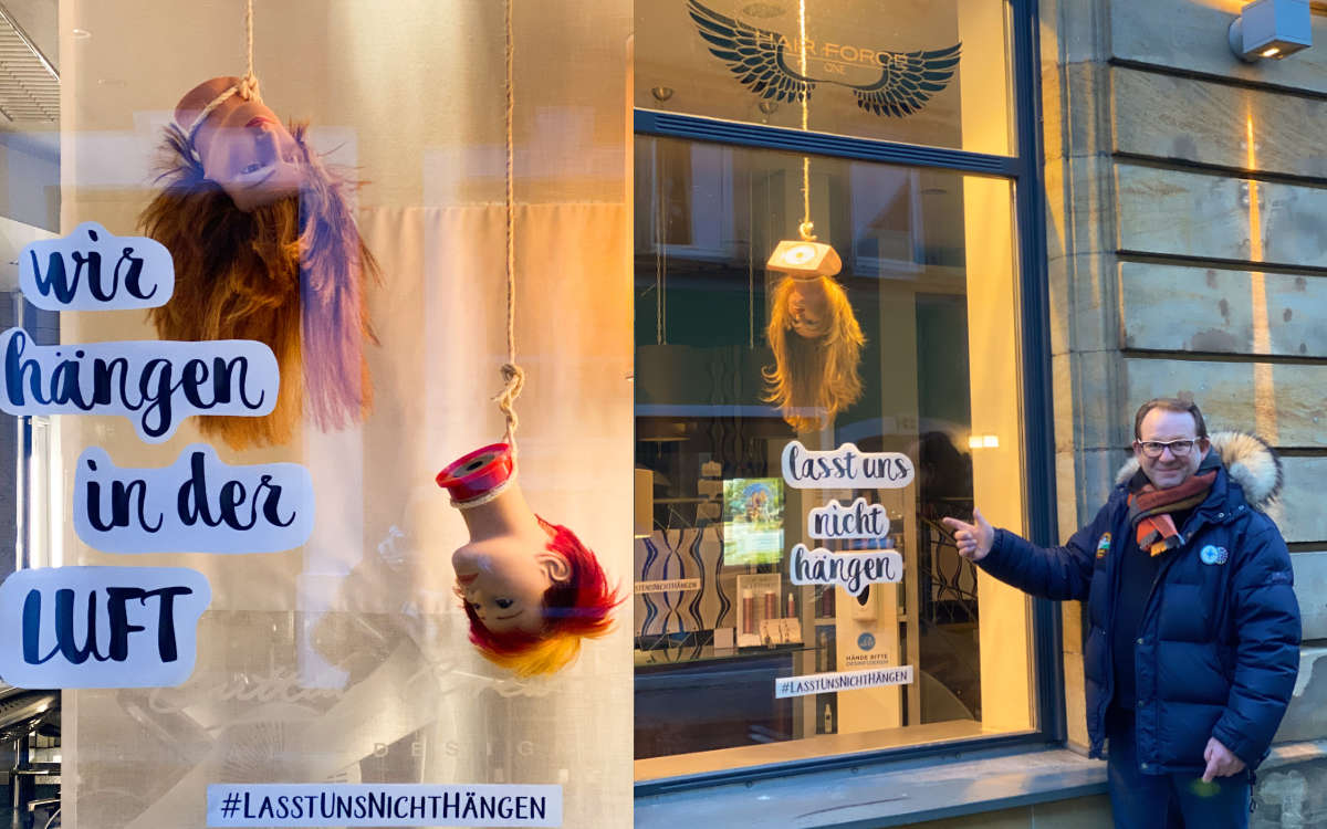 Andreas Nuissl macht mit der Aktion #lasstunsnichthängen auf die Not in seiner Branche aufmerksam. Fotos: SAGS online / Collage: Redaktion