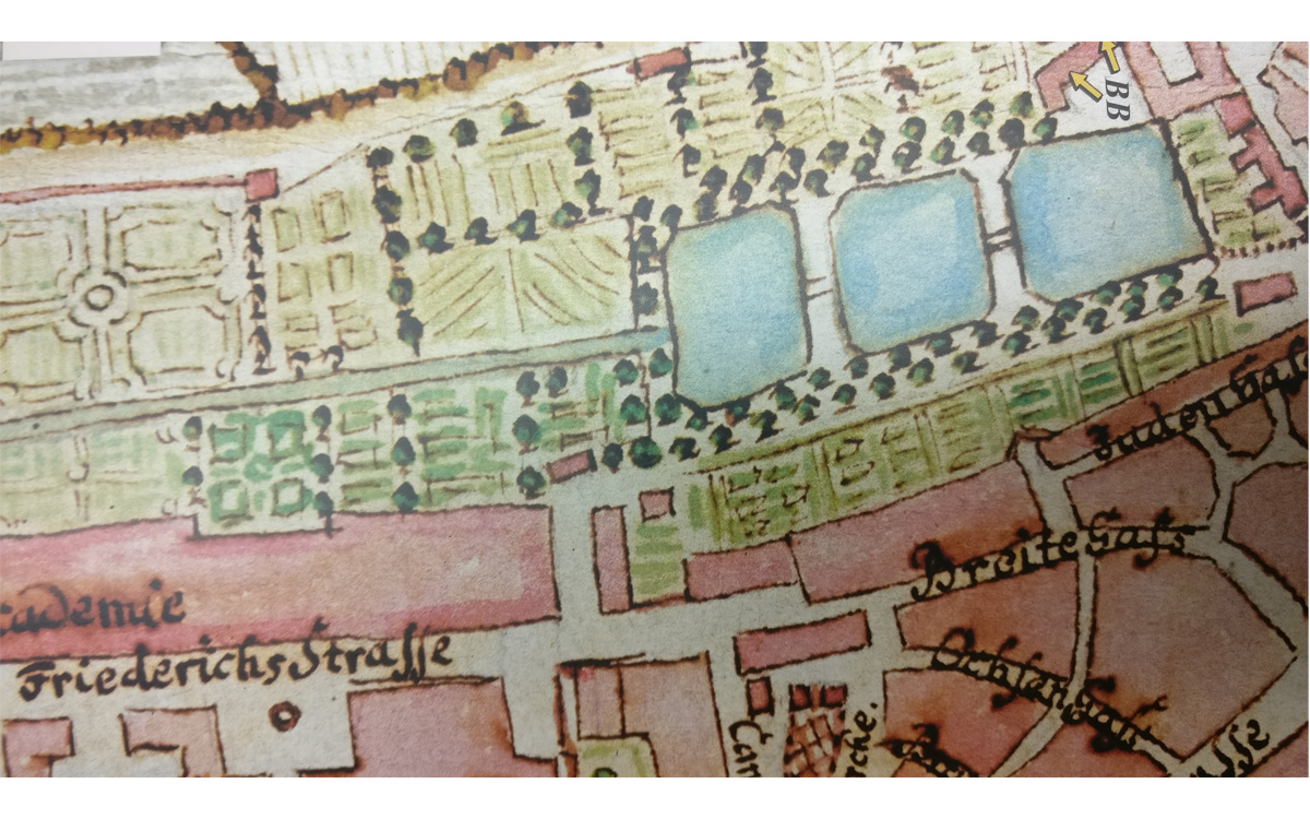 Lost Places Bayreuth: Der frühe Dammweiher 1758 im Stadtplan von Johann Friedrich Weiß. Abbildung aus “Die Dammallee-Promenaden” von Wilfried Engelbrecht.