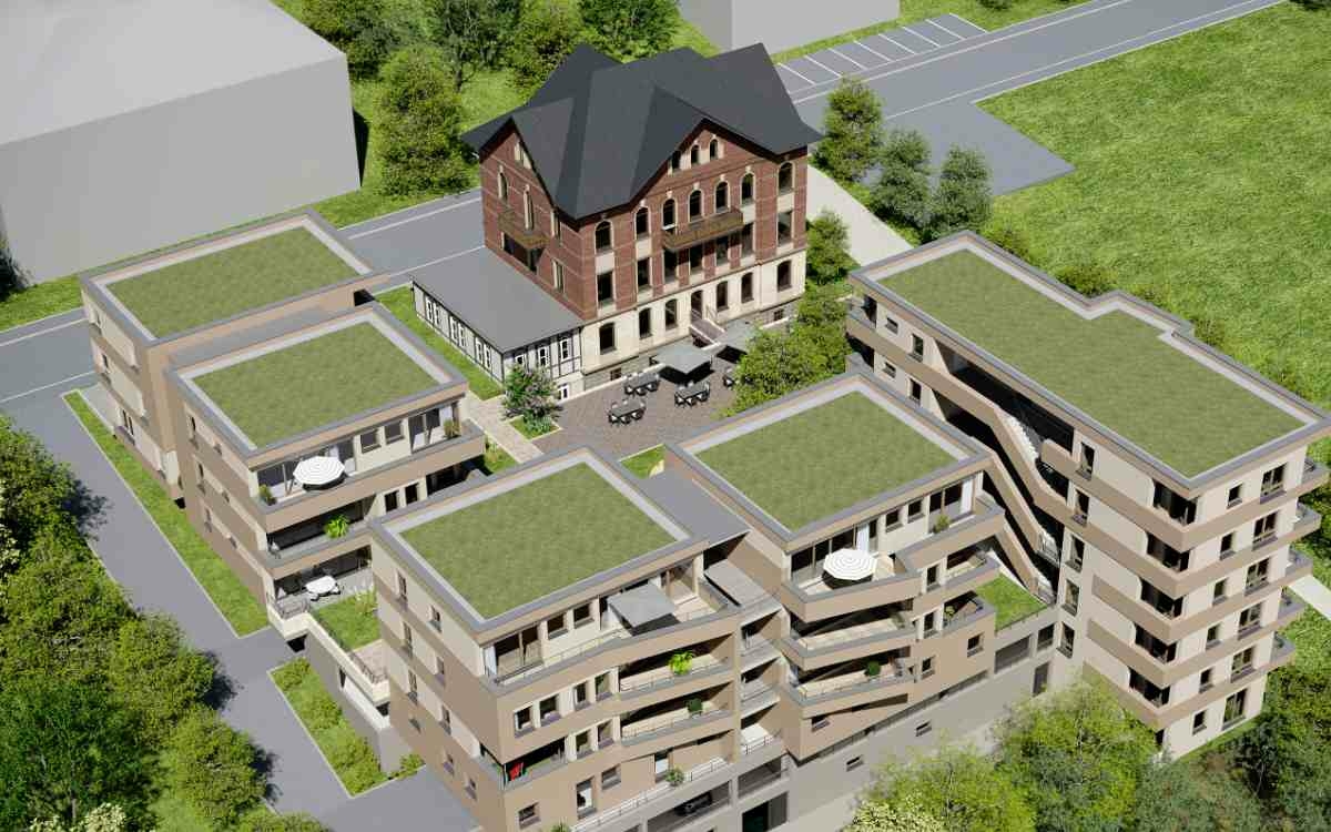 "Quartier Maintalblick" in Bad Berneck: So soll das Areal mittelfristig aussehen. Das alte Krankenhaus bleibt bestehen und wird um fünf Gebäude erweitert. Visualisierung: KS Immobilien Projekt