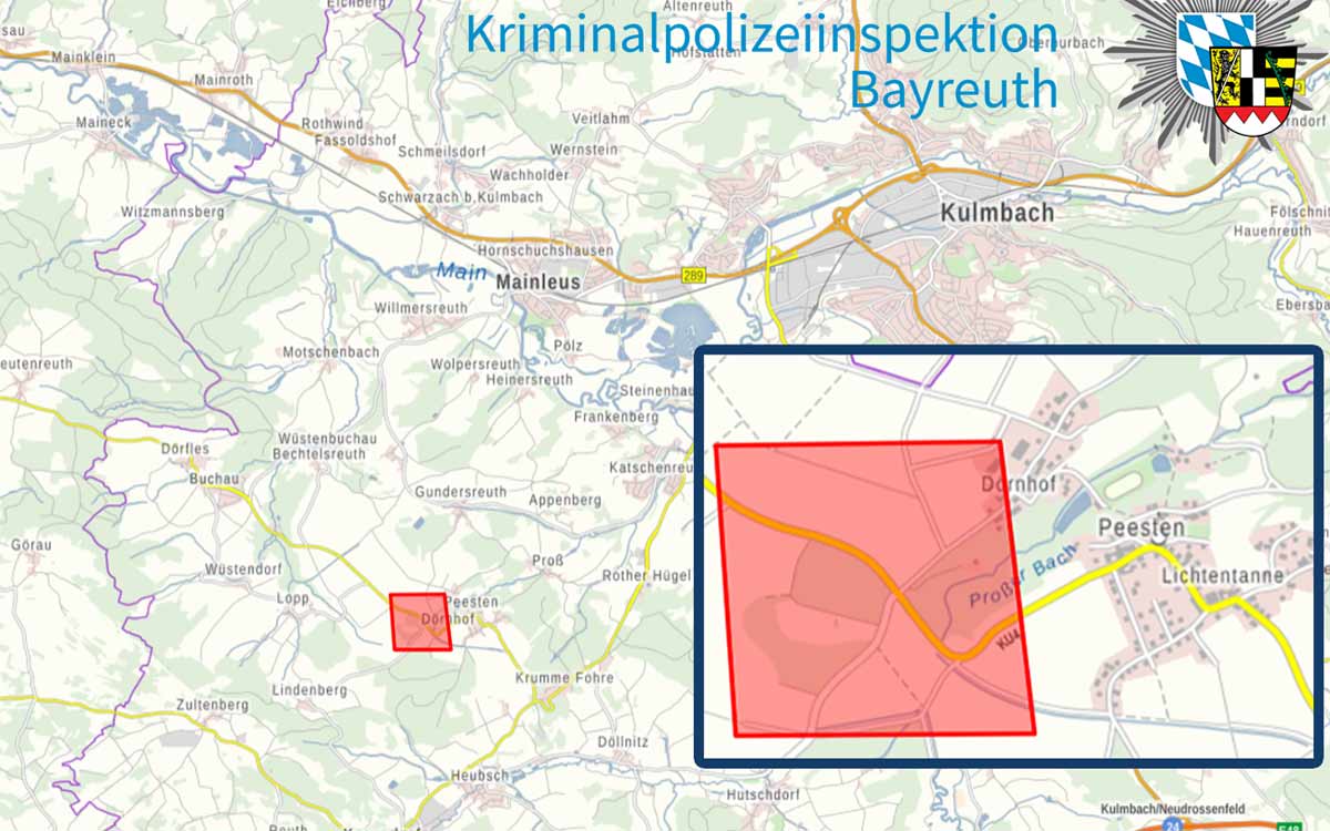 Die Karte zeigt den Fundort der Leiche. Bild: Kriminalpolizeiinspektion Bayreuth
