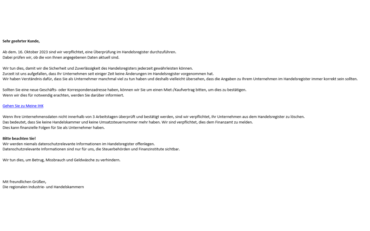 Vor dieser E-Mail warnt die IHK für Oberfranken in Bayreuth ausdrücklich. Foto: IHK für Oberfranken Bayreuth