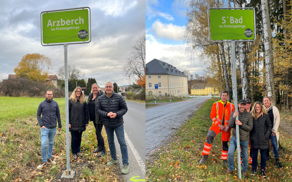 Die neuen Ortsschilder im Dialekt schmücken bisher zwei von 15 Ortschaften im Landkreis Wunsiedel. Foto: Landratsamt Wunsiedel