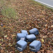 DIese sechs Zehn-Liter-Kanister mit Altöl wurden im Landkreis Hof falsch entsorgt. Die Polizei sucht jetzt nach Zeugen. Foto: Polizeiinspektion Münchberg