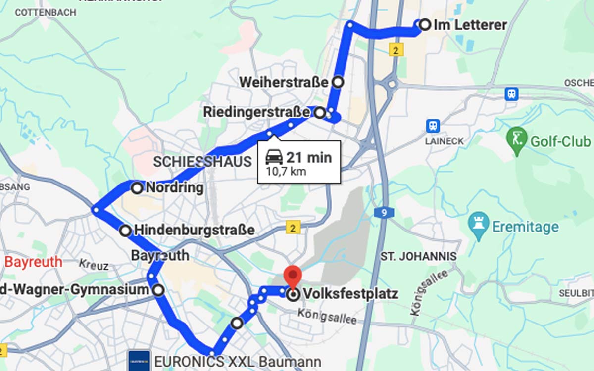 Die Lkws sollen ungefähr entlang dieser Route von Bindlach aus zum Volksfestplatz fahren. Bild: Google Maps