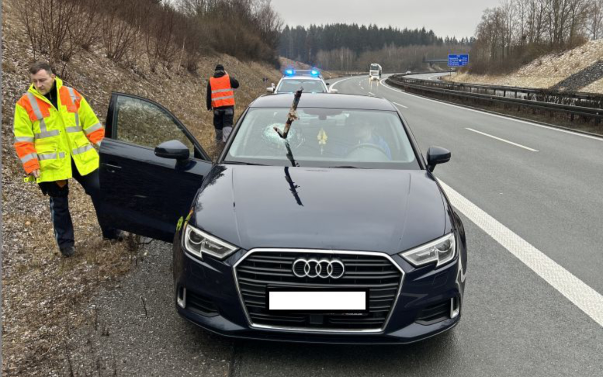 Eine Eisenstange durchschlug die Windschutzscheibe eines Audis auf der A93 in Oberfranken. Foto: Verkehrspolizeiinspektion Hof