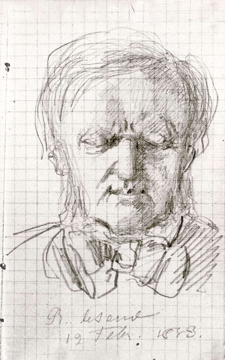 Zeichnung Richard Wagners von Paul von Joukovski vom 12. Februar 1883, angefertigt einen Tag vor Wagners Tod. Das Original der Zeichnung wurde auf Karopapier gezeichnet. © Nationalarchiv der Richard-Wagner-Stiftung, Bayreuth